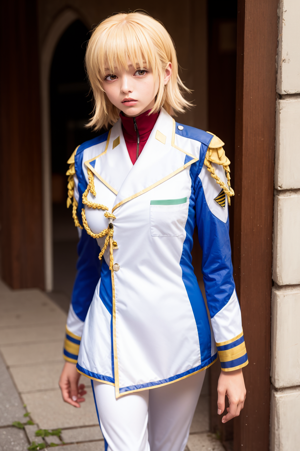 54200-905617531-masterpiece, best quality, _lora_cagalli_1_,_1girl,solo,blonde hair, short hair,brown eyes, military uniform, white jacket,white.png